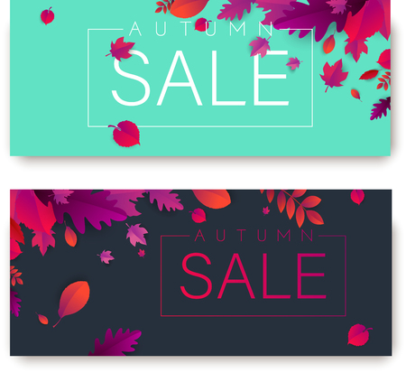 Autumn sale cards with beautiful leaves. Label, tag, promotion, marketing or advertising banner templates for shop. Vector background.のイラスト素材