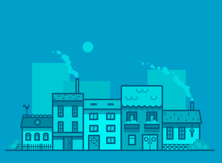 Blue cityscape background with houses. Night urban street. Landing page template. Vector background.のイラスト素材