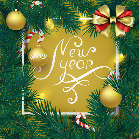 Happy New Year card with fir branches and Christmas balls. Greeting card or festive poster template. Vector background.のイラスト素材