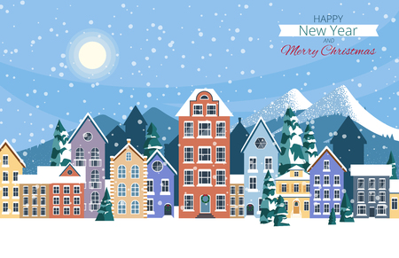 Happy New Year and Merry Christmas greeting card with cute houses and snow. Festive poster. Vector background.のイラスト素材