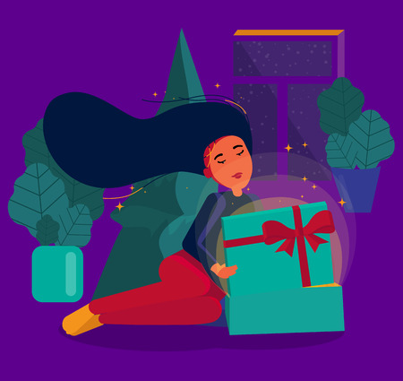 Girl at home with Christmas gift. Flat style. Vector background.のイラスト素材
