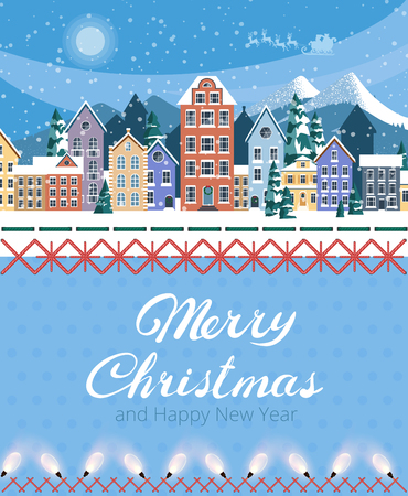 Merry Christmas and Happy New Year greeting card with cityscape and snow. Festive poster. Vector background.のイラスト素材