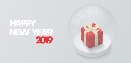 Happy New Year 2019 card with 3d gift inside glass ball. Vector background or banner.のイラスト素材