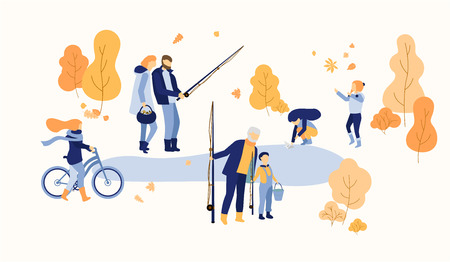 Happy people spend leisure time outdoors in park. Golden autumn illustration. Flat style design. Vector background.のイラスト素材