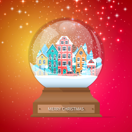 Merry Christmas spectrum poster with snow globe with cute town. Greeting card. Vector background.のイラスト素材