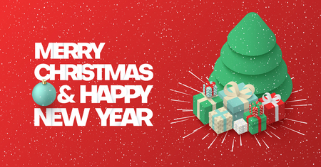 Red Merry Christmas and Happy New Year card with Christmas tree and gifts. Vector background.のイラスト素材