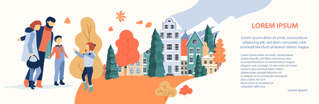 Autumn cityscape. People spend leisure time outdoors in park. Flat style design. Landing page or banner template. Vector background.のイラスト素材