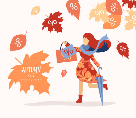 Autumn sale, discount, special offer. Promo poster with girl going shopping and golden leaves. Flat style design. Vector background.のイラスト素材
