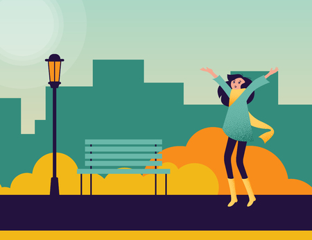Happy girl walk alone outdoors in autumn park. Urban autumn mood poster. Flat style design. Vector background.のイラスト素材