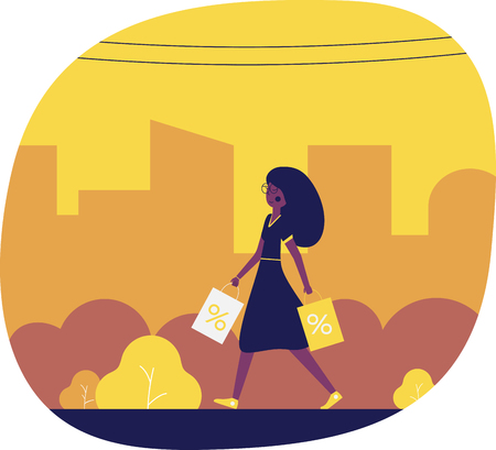 Yellow sale promotion poster with girl doing shopping. Vector background.のイラスト素材