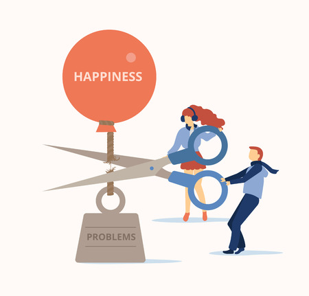 People cut heavy problems with scissors and release happiness. Psychological help, therapy, coaching. Flat style design. Vector background.のイラスト素材