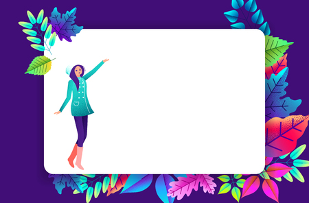 Autumn mood poster with white frame, girl and colorful leaves. Vector paper background.のイラスト素材