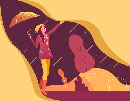 Girl with umbrella walks in the rain in park. Autumn mood poster. Flat style design. Vector background.のイラスト素材