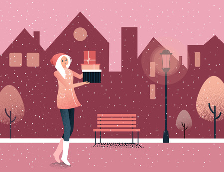 Christmas and New Year card with girl with gifts. Winter poster with snow. Flat style design. Vector background.のイラスト素材