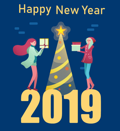 Happy 2019 New Year card with Christmas tree and girls with gifts. Flat style design. Vector background.のイラスト素材