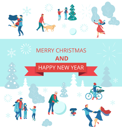 Merry Christmas and Happy New Year card with winter landscape and people. Flat style design. Vector background.のイラスト素材