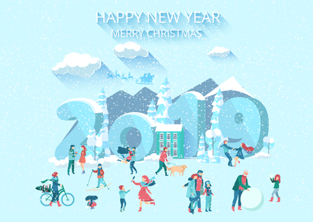 Christmas and New Year 2019 card with people walking outdoors in winter park. Vector background.のイラスト素材