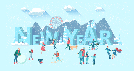 New Year poster with people walking outdoors in winter park. Flat style design. Vector background.のイラスト素材