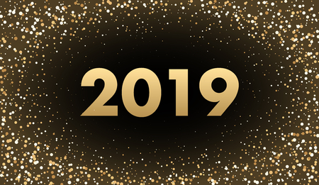 Happy New Year 2019 greeting card with golden figures. Festive poster. Vector background.のイラスト素材