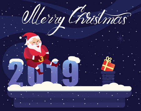 Merry Christmas 2019 greeting card with Santa Claus on roof and gifts. Vector background.
のイラスト素材