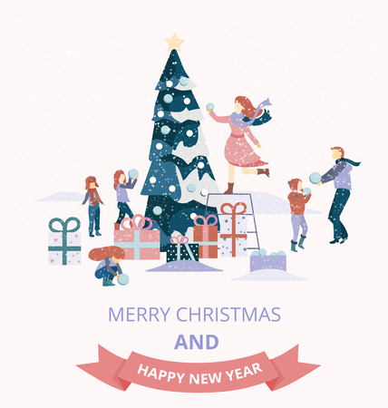 Merry Christmas and Happy New Year card with people decorate Christmas tree. Flat style design. Vector background.のイラスト素材