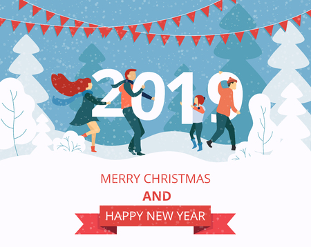 Merry Christmas and Happy New Year 2019 card with figures and people. Vector background.のイラスト素材