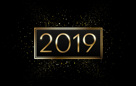 Black Happy New Year 2019 card with golden figures. Festive decoration. Vector background.のイラスト素材