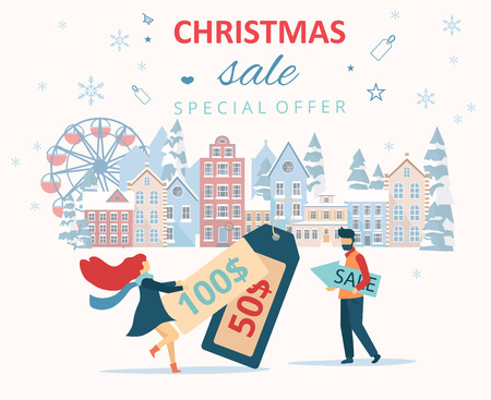 Christmas sale, special offer. Promo poster with people and tags. Flat style design. Vector background.のイラスト素材