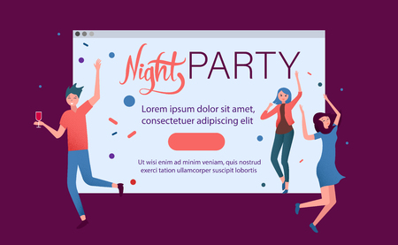 Night party poster or invitation template with happy dancing people. Vector background.のイラスト素材