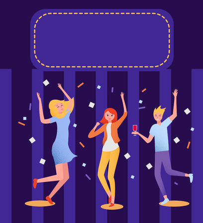 Night party poster with happy dancing people. Festive invitation or booklet. Vector background.のイラスト素材