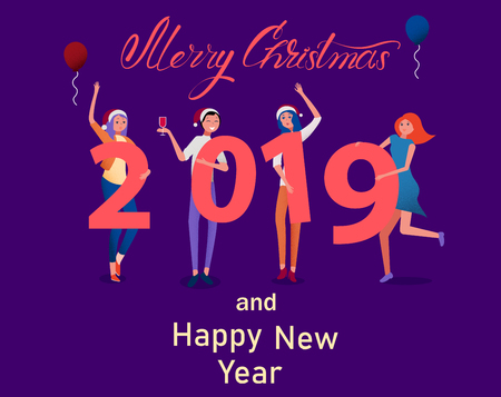 Merry Christmas and Happy New Year 2019 card with dancing people and figures. Decoration for party. Vector background.のイラスト素材