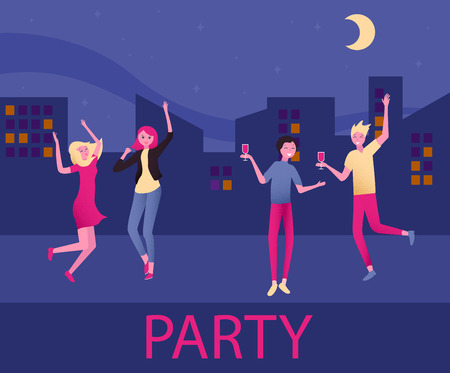 Night party poster or invitation with happy dancing people and cityscape. Vector background.のイラスト素材