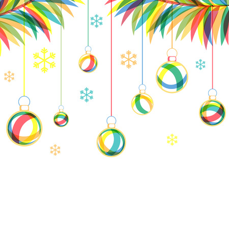 Merry Christmas and Happy New Year card with colorful Christmas balls and snowflakes. Vector background.のイラスト素材