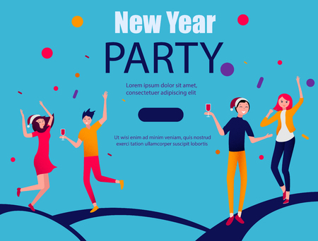 New Year party poster with happy dancing people. Invitation or landing page template. Vector background.のイラスト素材