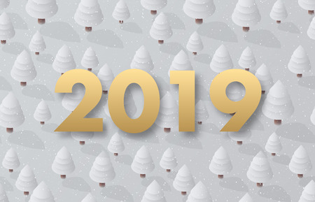 New Year 2019 card with white winter coniferous forest. Vector background.のイラスト素材