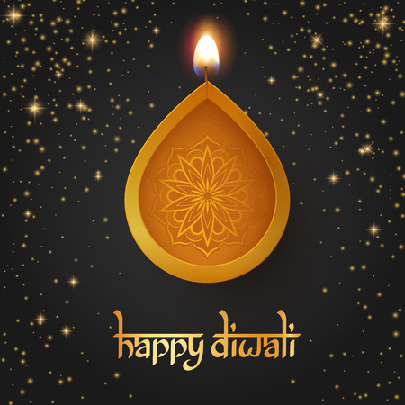 Black shiny Happy Diwali greeting card with oil lamp. Festival of lights design. Vector background.のイラスト素材