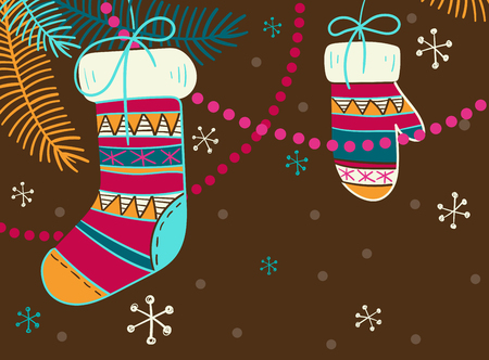 Merry Christmas greeting card with Christmas tree with sock, mitten and snow. Vector background.のイラスト素材