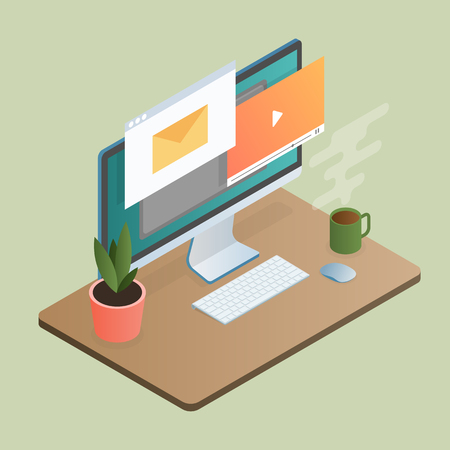 Office or home workspace with computer and cup of coffee. Isometric 3d design. Vector illustration.
のイラスト素材
