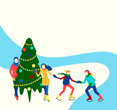 Family spend Christmas holidays, skating on the rink. Flat style design. Vector background.のイラスト素材