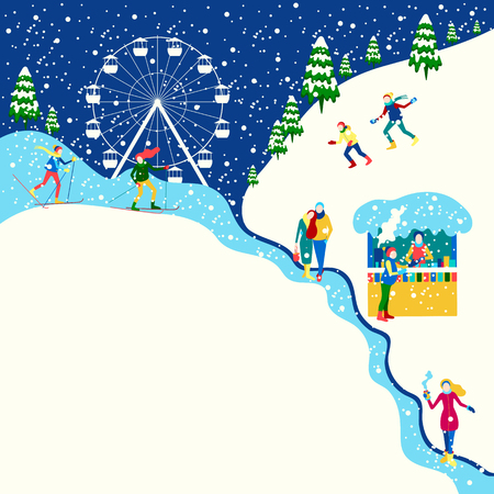 Winter poster with happy people walking outdoors in city park, skiing, spend holidays. Flat style design. Vector background.のイラスト素材