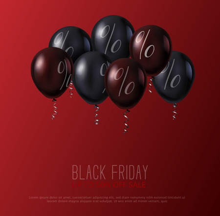 Black friday sale red promo poster with shiny balloons with percentage sign. Advertising for shop. Vector background.のイラスト素材