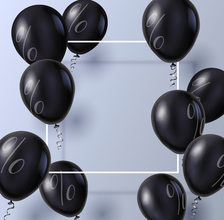Promotion poster with square frame and black balloons with percentage sign for sale. Design for Black Friday. Vector background.のイラスト素材