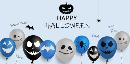 Blue Happy Halloween poster with balloons with scary faces. Vector background.のイラスト素材