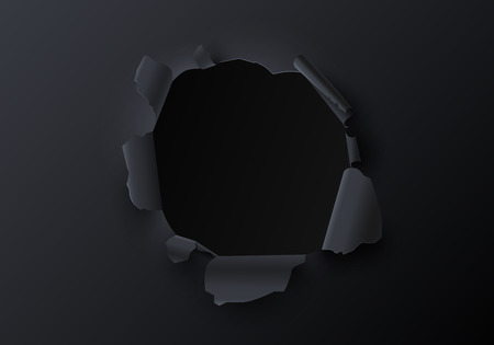 Black creative template with torn paper decor. Realistic ragged hole. Vector background.のイラスト素材