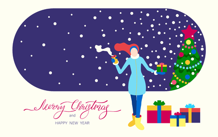 Merry Christmas and Happy New Year greeting card with Christmas tree and girl with gift. Vector background.のイラスト素材