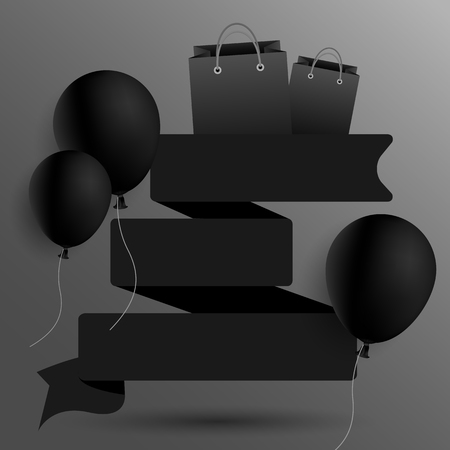 Black friday sale promo decoration with balloons, ribbon and shopping bags. Advertising template for shop. Vector background.のイラスト素材