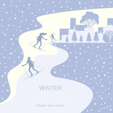 Blue winter poster with people doing sport, skiing in city park. Landing page template. Vector background.のイラスト素材
