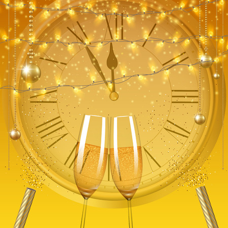 Shiny Christmas and New Year greeting card with glasses of champagne and clock. Vector background.のイラスト素材