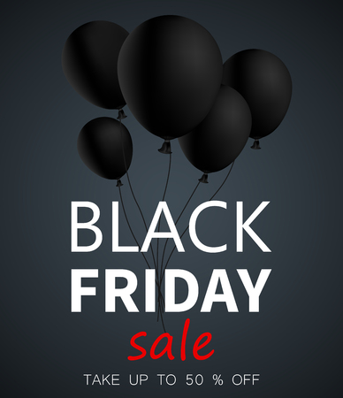 Black friday sale promo card with balloons. Special offer up to 50 percent off. Vector background.のイラスト素材