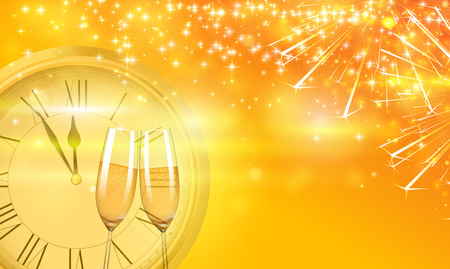 Shiny Christmas and New Year poster with glasses of champagne, golden clock and firework. Vector background.のイラスト素材